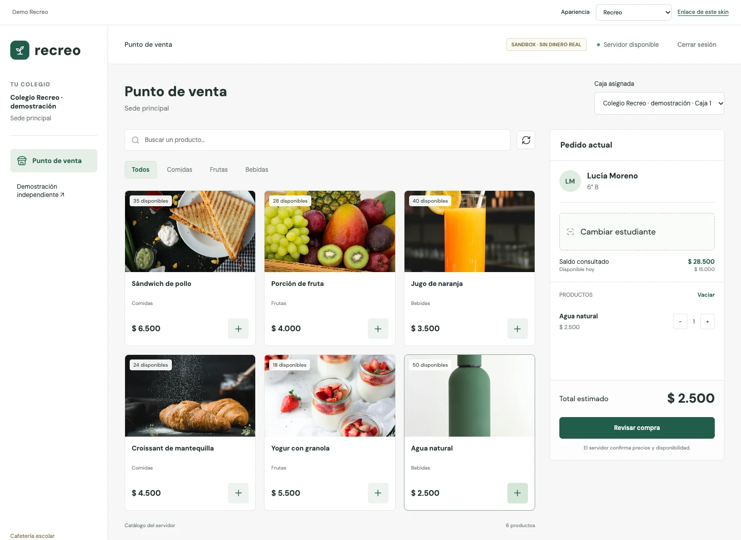 Caja de Recreo: pedido de un estudiante y saldo disponible